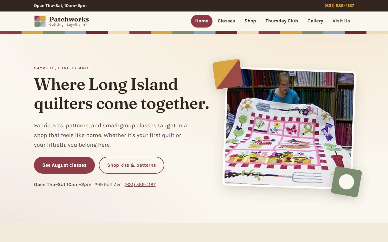 Redesign preview for a Sayville quilt shop: modern homepage with class schedule and shop sections
