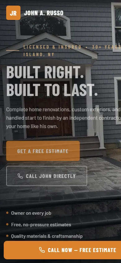 Live contractor website shown on a phone